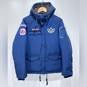 Adidas Originals Blue Puffer Jacket Sherpa-Lined Hood Trefoil Logo 090 Small